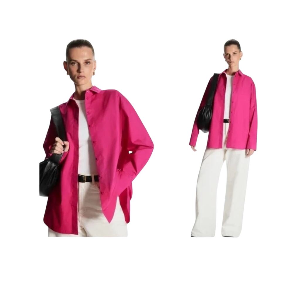 COS Oversized Cotton Poplin Button Up Shirt Bright Pink Size 8